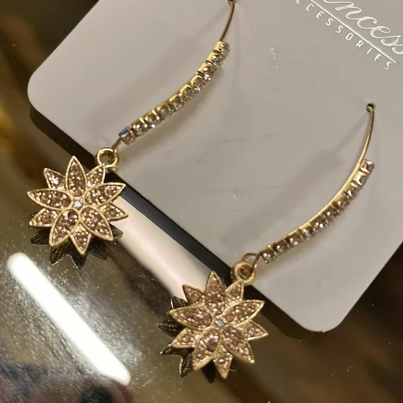 Gold Flower 🌺 Wire Crystal Drop Earrings - Picture 3 of 4
